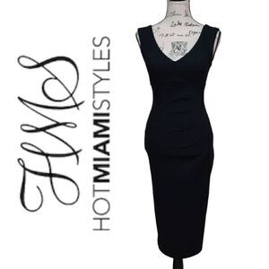 🖤 HOT MIAMI STYLES Midi Sheath Bodycon Little Black Dress SIZE XS